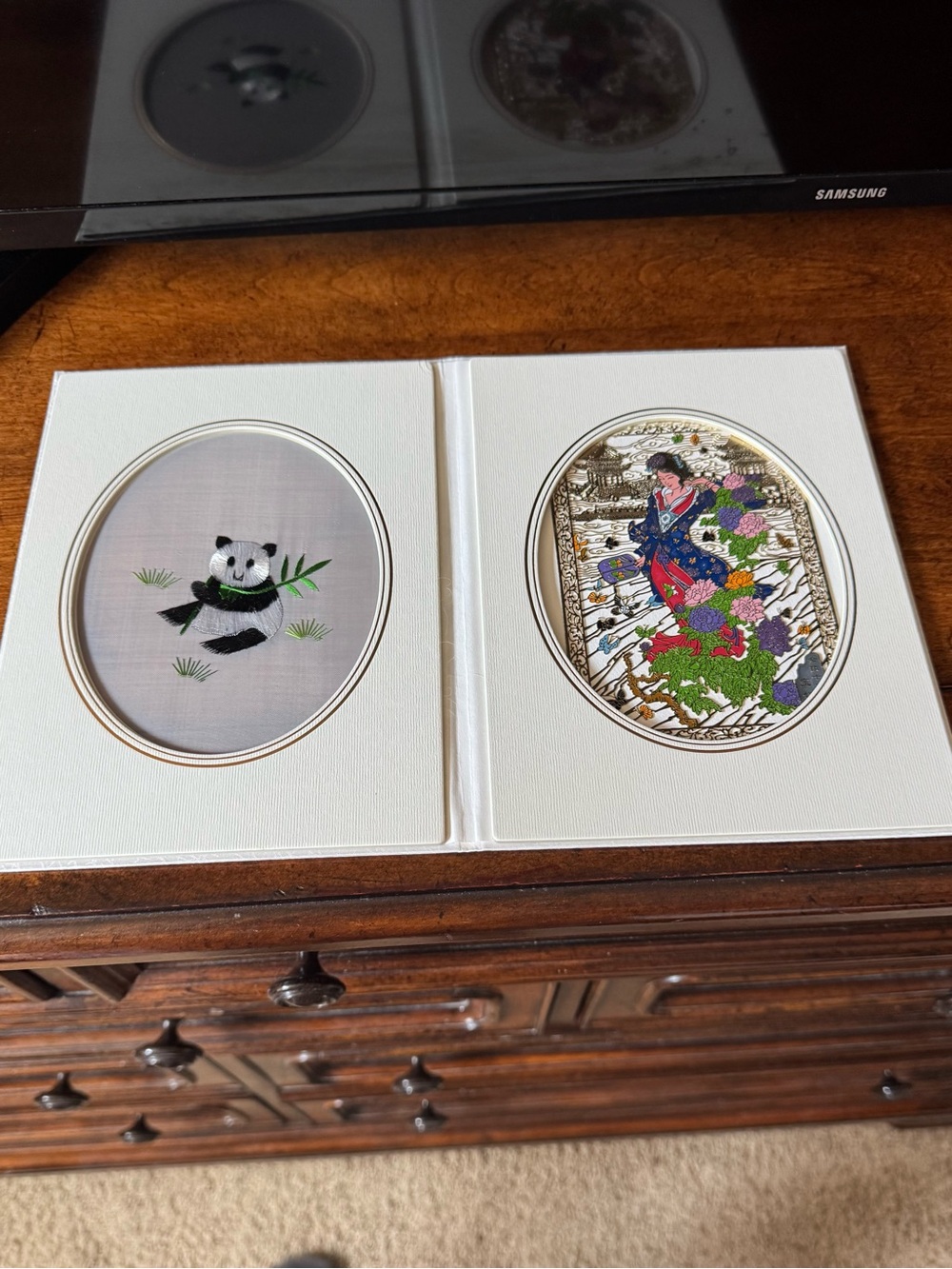 Framed Embroidered Panda & Geisha Art Duo - White Mat
